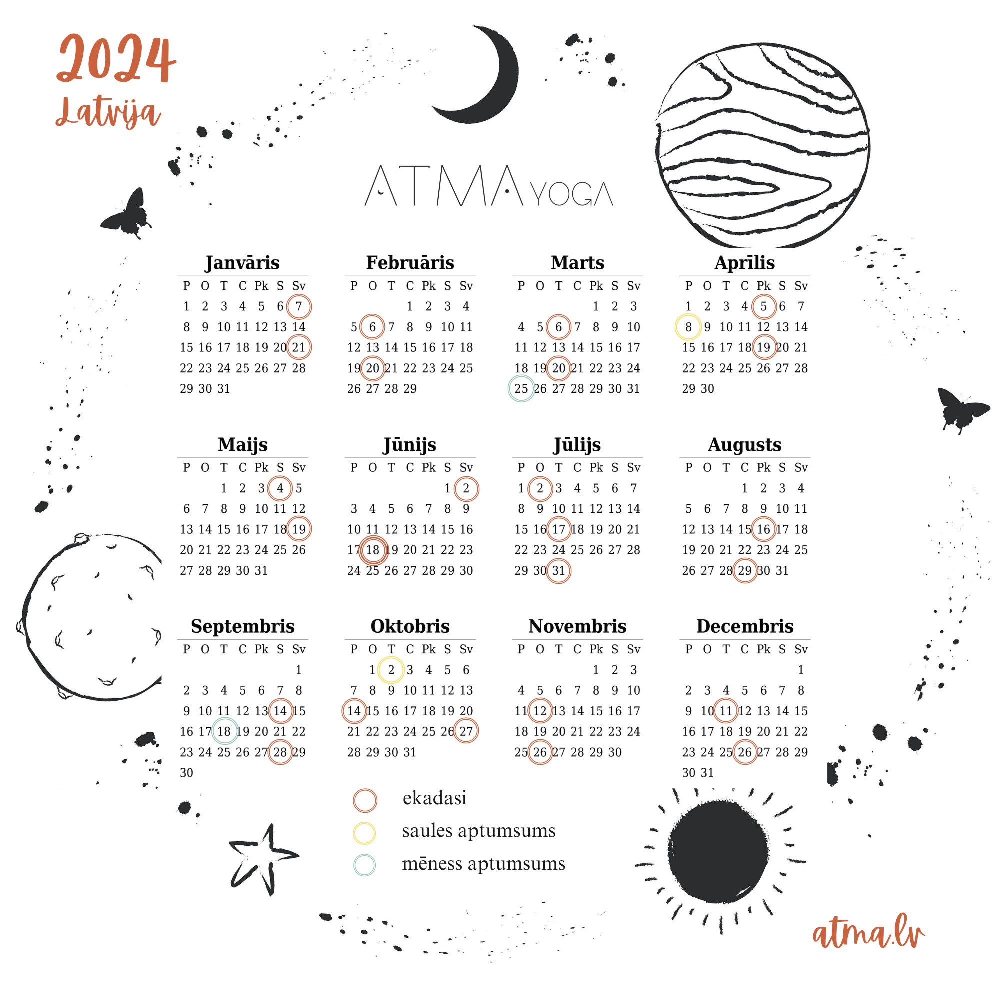 Ekadaši un aptumsumu kalendārs 2024 (Latvija) - Centrs ATMA